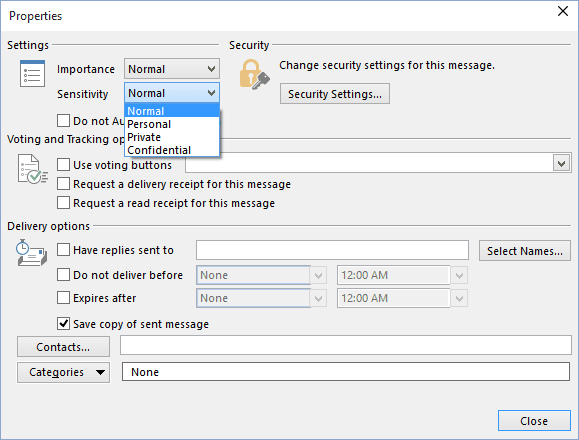 Message Options in Outlook 2016