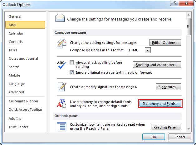 Options dialogbox in Outlook 2010