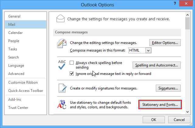 Options dialogbox in Outlook 2013