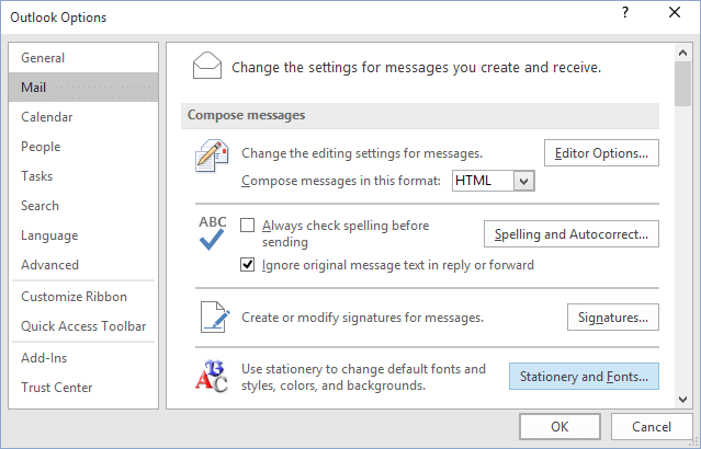 Options dialogbox in Outlook 2016