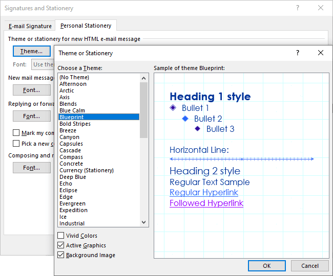 Theme or Stationery dialog dox in Outlook 365