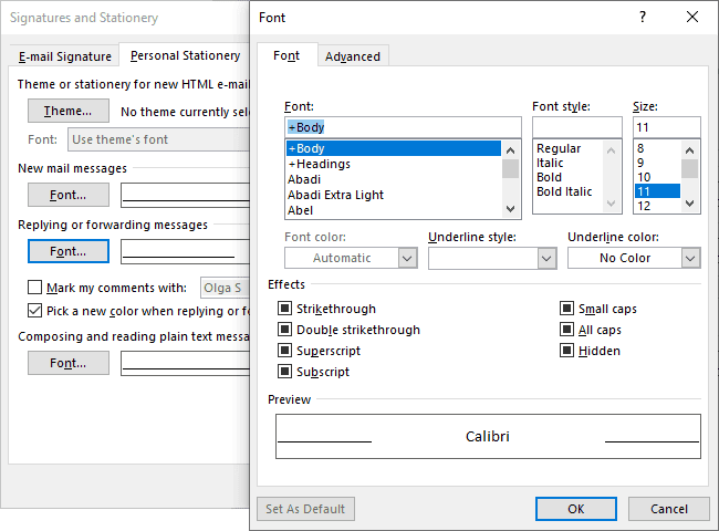 Font dialog box in Signatures and Stationery Outlook 365