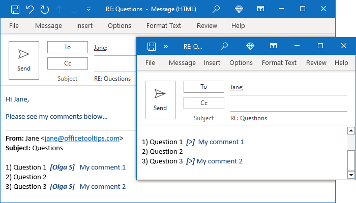 Reply and forward comments in Outlook 365