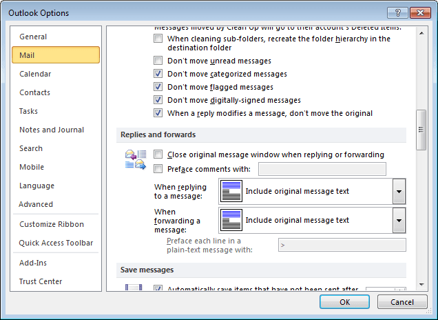 Outlook 2010 Mail Options