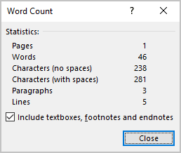 Word Count information for the selected text in Word 365