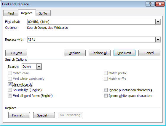 Search example in Word 2010