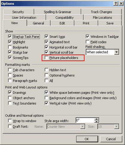 Options in Word 2003
