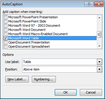 AutoCaption objects in Word 2010