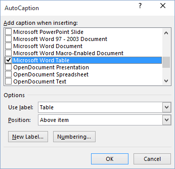 AutoCaption objects in Word 2016