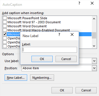 New Caption Label in Word 2016