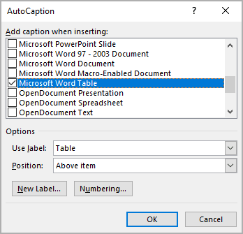 AutoCaption objects in Word 365