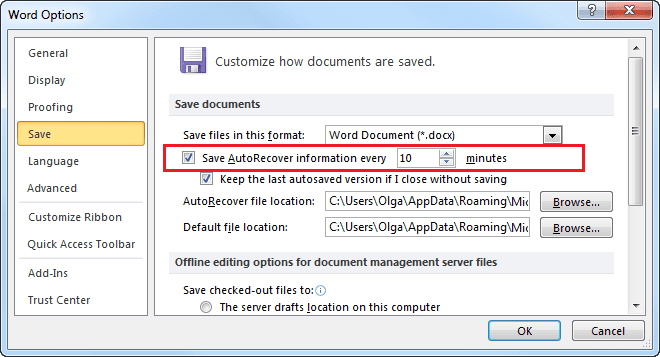 Save AutoRecover Word 2010