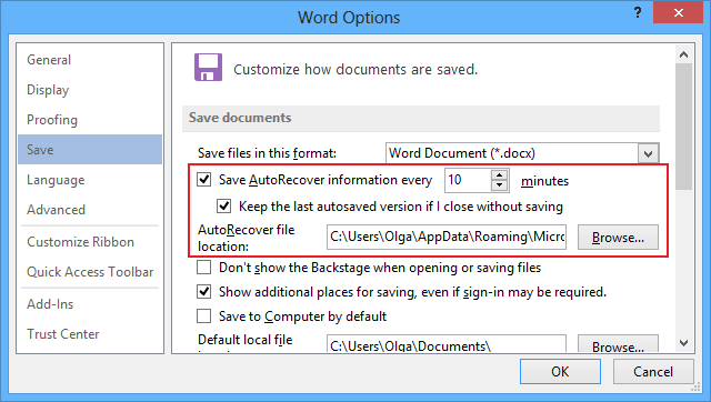 Save AutoRecover Word 2013