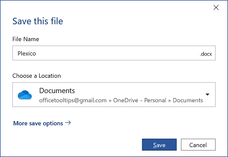 Save this file dialog box in Word 365