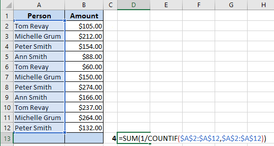 Counting the number of unique values in Excel 365