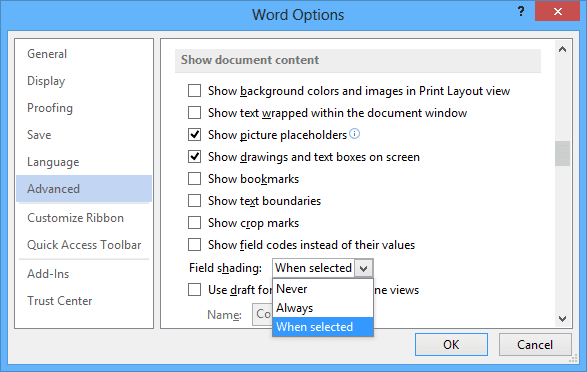 Options Advanced in Word 2013