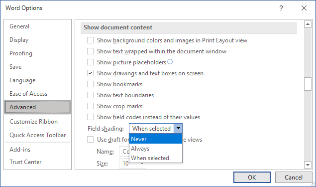Options Advanced in Word 365