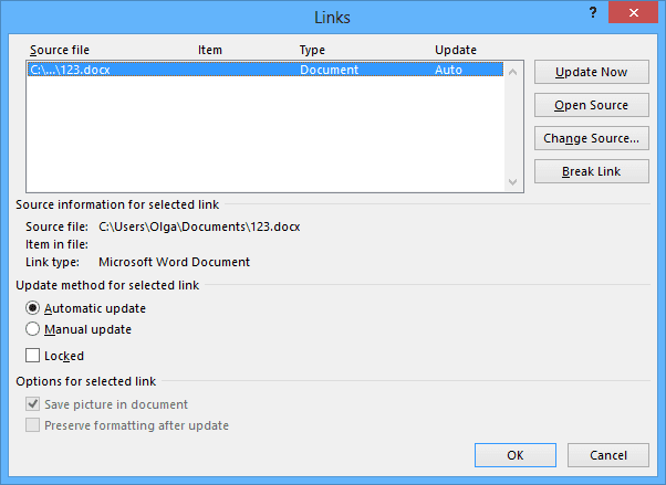 Links in Word 2013