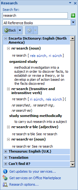 Research pane in Office 2007