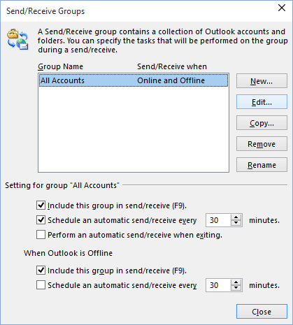 Send/Receive Groups in Outlook 2016