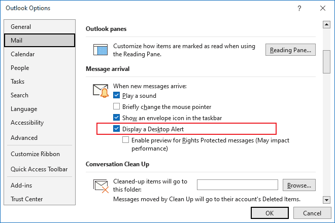 Message arrival Options in Outlook 365