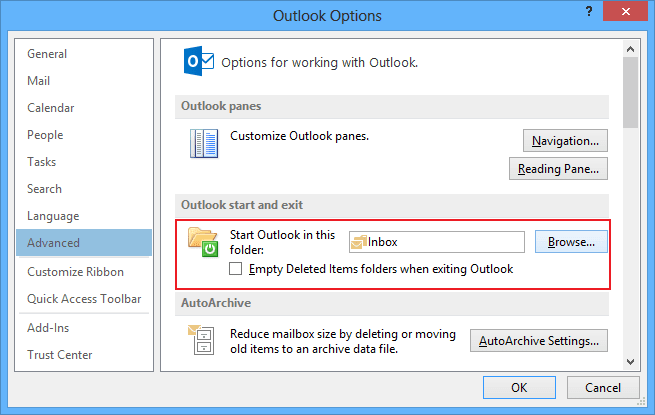 Outlook start in Outlook 2013