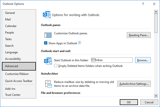 Outlook start and exit options in Outlook 365