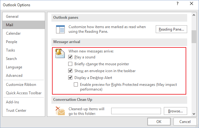 Options in Outlook 2016