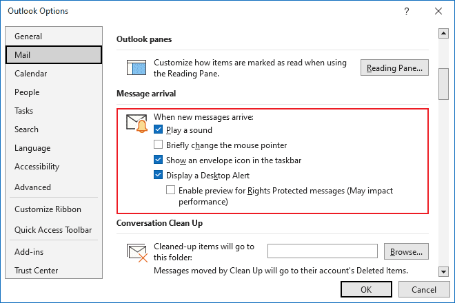 Message arrival Options in Outlook 365
