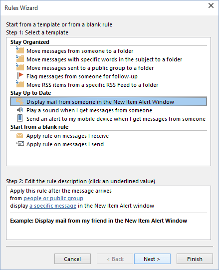 Rules Wizard in Outlook 2016