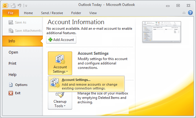 Account Settings in Outlook 2010
