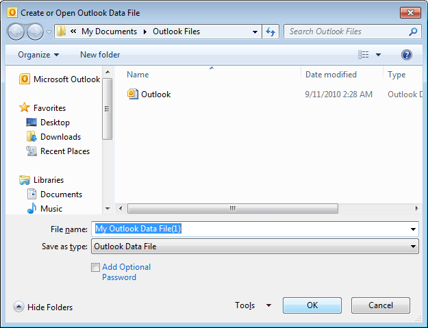 Create or Open Outlook 2010 Data File