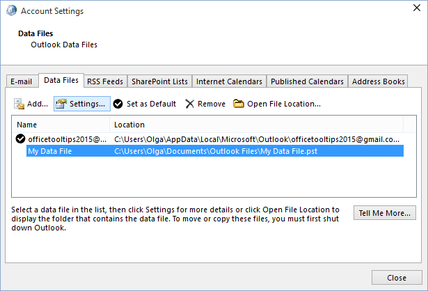 Data File Settings in Outlook 2016