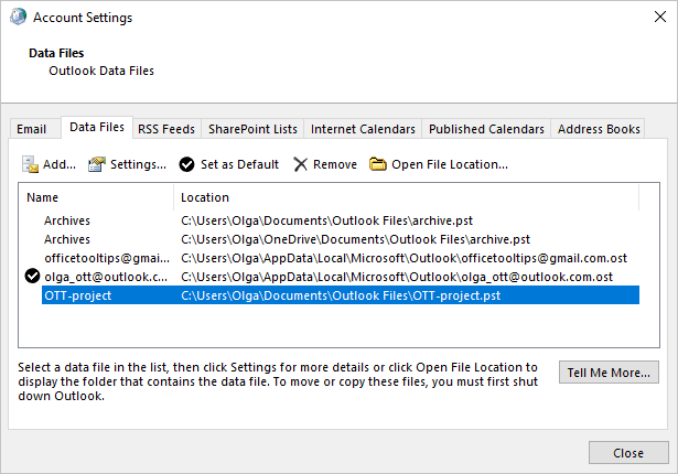 New data file in Account Settings Outlook 365