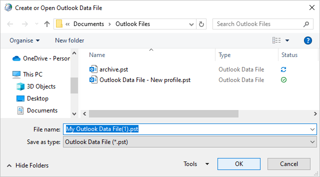 Create or Open Outlook Data File dialog box in Outlook 365