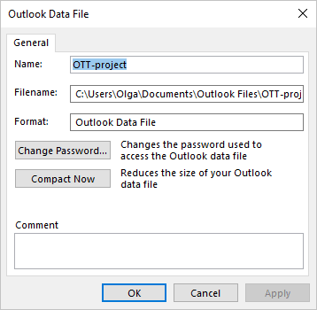 Outlook Data File dialog box in Outlook 365