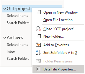 Data File Properties in the popup menu Outlook 365