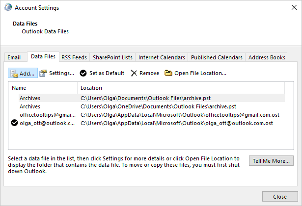 Account Settings - Add data files in Windows 10