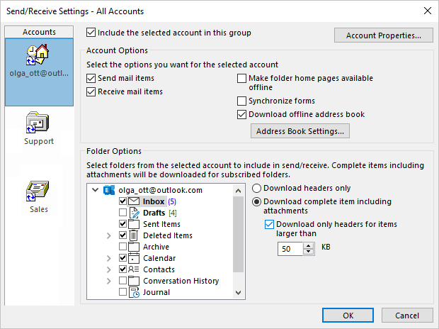 Outlook account in Send/Receive Groups dialog box Outlook 365
