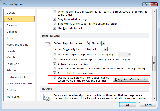 Send messages Options in Outlook 2010