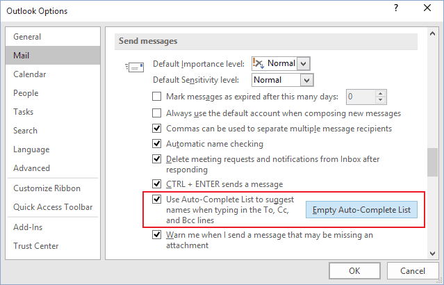 Send messages Options in Outlook 2016