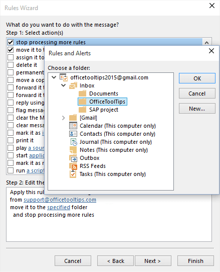 Rules Wizard choose a folder in Outlook 2016