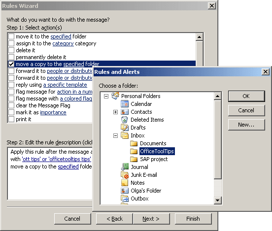 Rules Wizard choose a folder in Outlook 2003