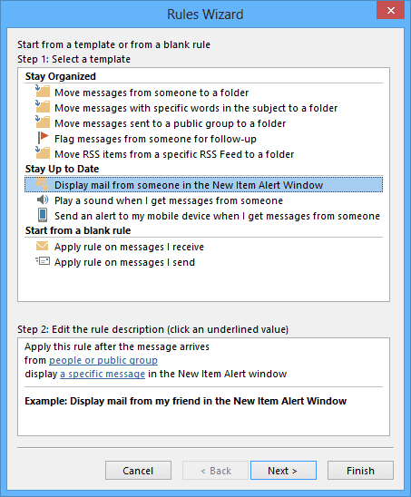 Rules Wizard Step 1 in Outlook 2013