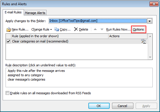 Options Rules and Alerts button in Outlook 2010
