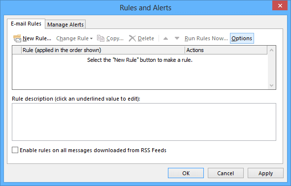 Options Rules and Alerts button in Outlook 2013