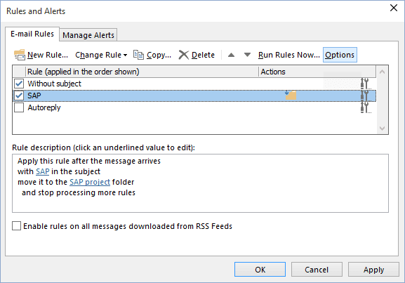 Options Rules and Alerts button in Outlook 2016