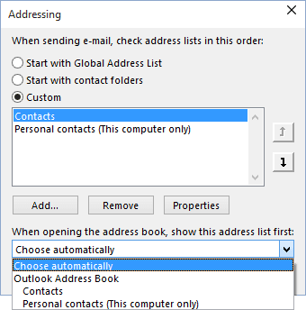 Addressing list in Outlook 2016