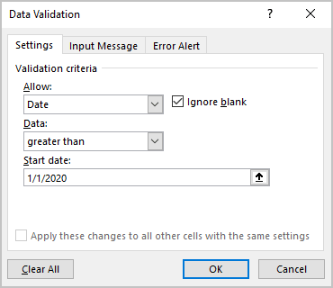 Date validation in Excel 365