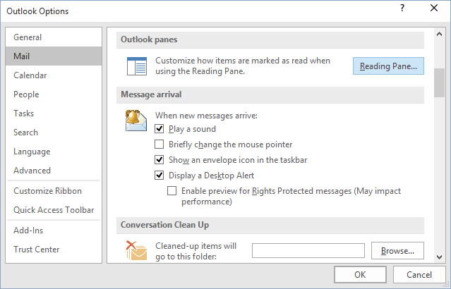 Mail Options Outlook 2016